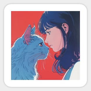 Retro Anime Girl And Cat Vintage Art 70s 80s 90s Sticker